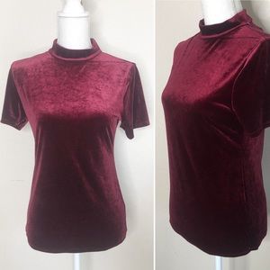 Ambiance Velvet Burgundy Mock Neck Short Sleeved Top
